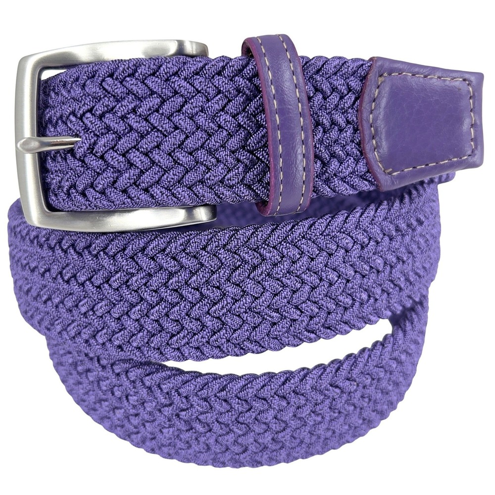 Torino Mens 44 Italian Woven Cotton Elastic Belt Purple Leather USA Made